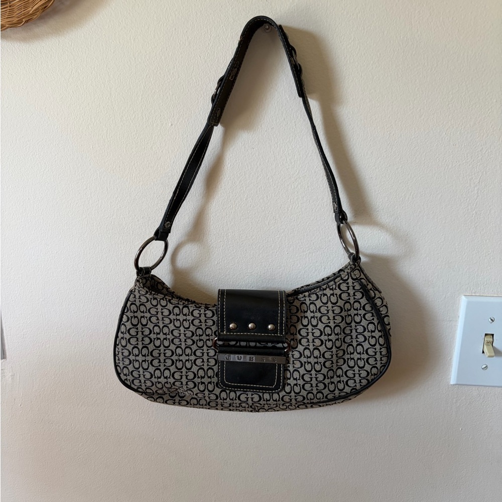 Vintage Y2K Guess Monogram Pattern Black and Grey Shoulder Bag